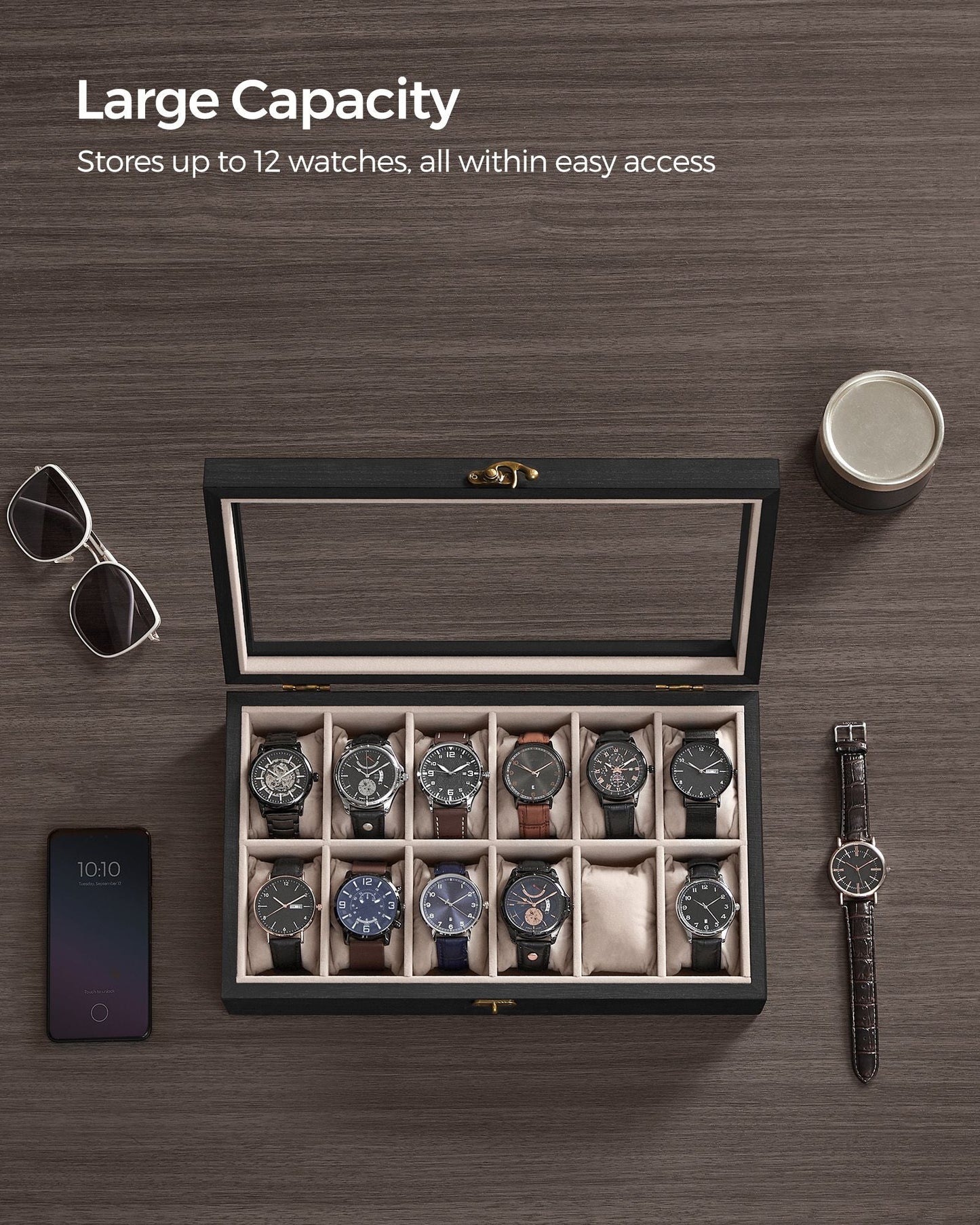 12-Slot Solid Wood Watch Box with Glass Lid