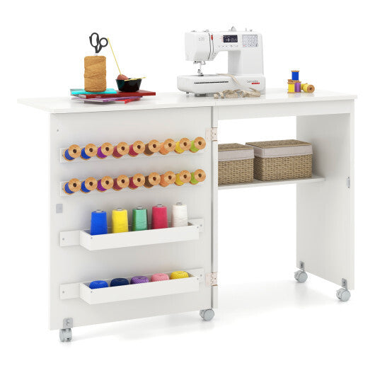 Folding Sewing Table with Storage Shelf and 5 Lockable Wheels-Natural