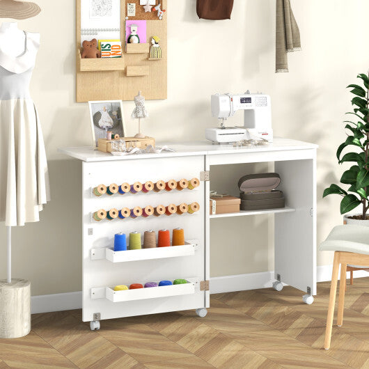 Folding Sewing Table with Storage Shelf and 5 Lockable Wheels-Natural