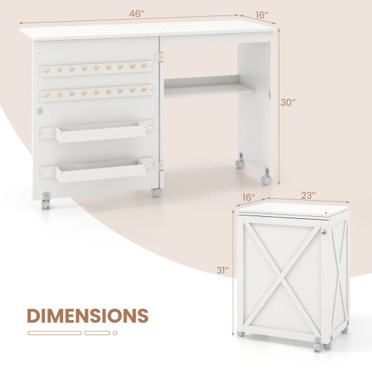 Folding Sewing Table with Storage Shelf and 5 Lockable Wheels-Natural