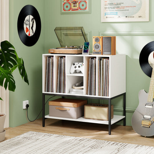 Record Player Stand with Charging Station and Metal Frame-White