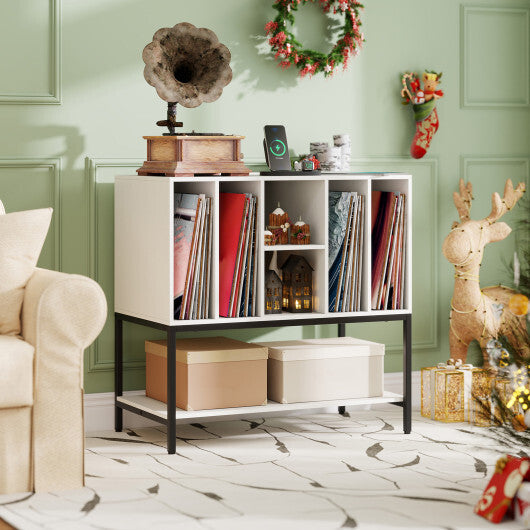 Record Player Stand with Charging Station and Metal Frame-White