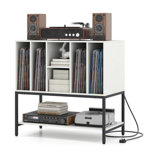 Record Player Stand with Charging Station and Metal Frame-White
