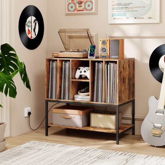Record Player Stand with Charging Station and Metal Frame-White