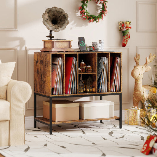 Record Player Stand with Charging Station and Metal Frame-White