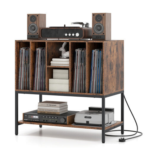 Record Player Stand with Charging Station and Metal Frame-White