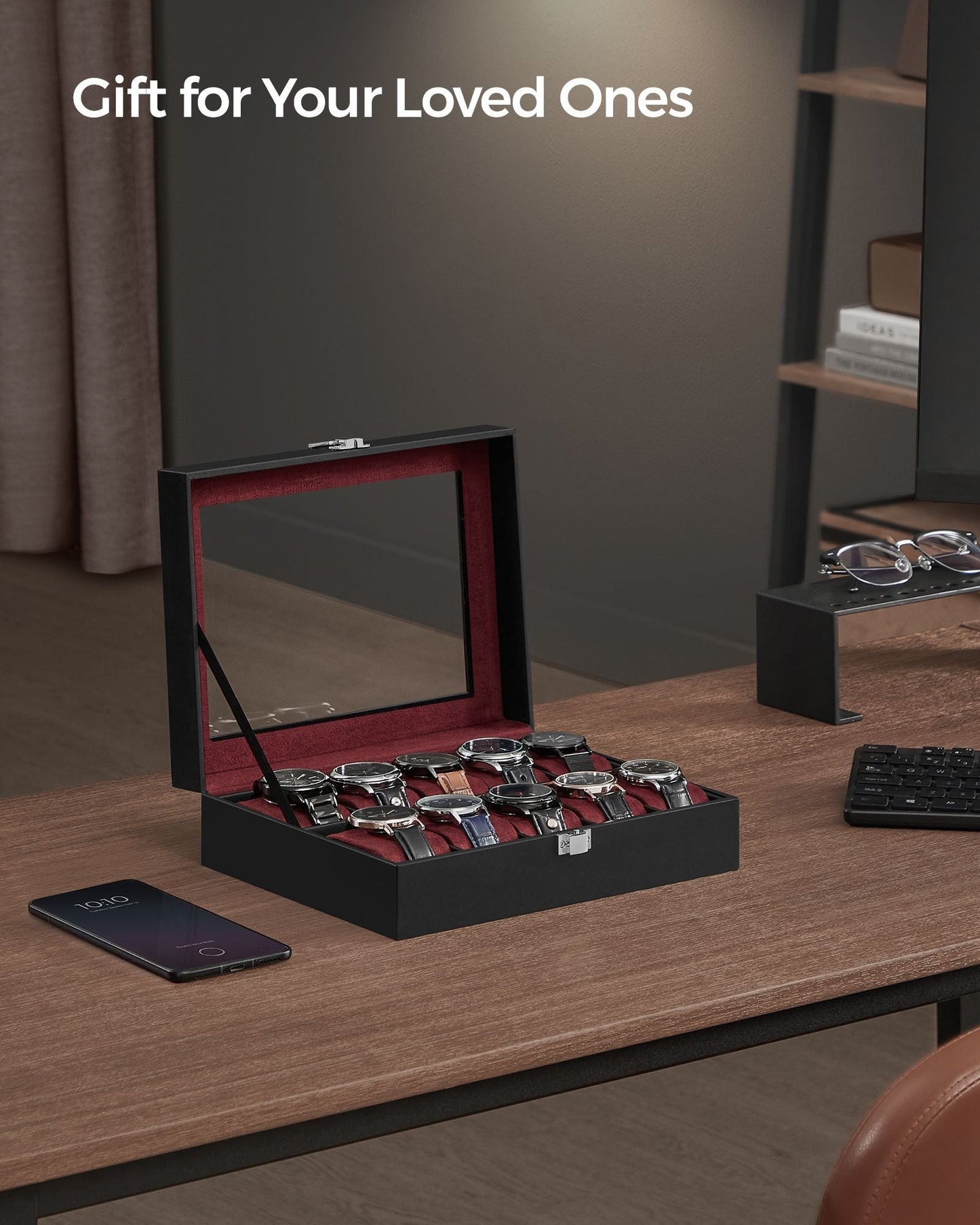 10-Slot Watch Case with Large Glass Lid