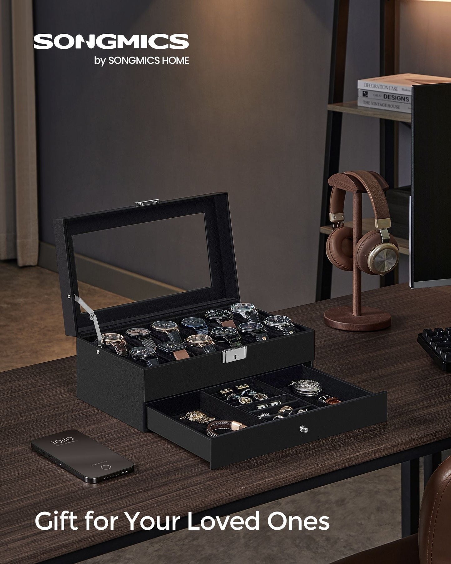 12-Slot Watch Case with Glass Lid
