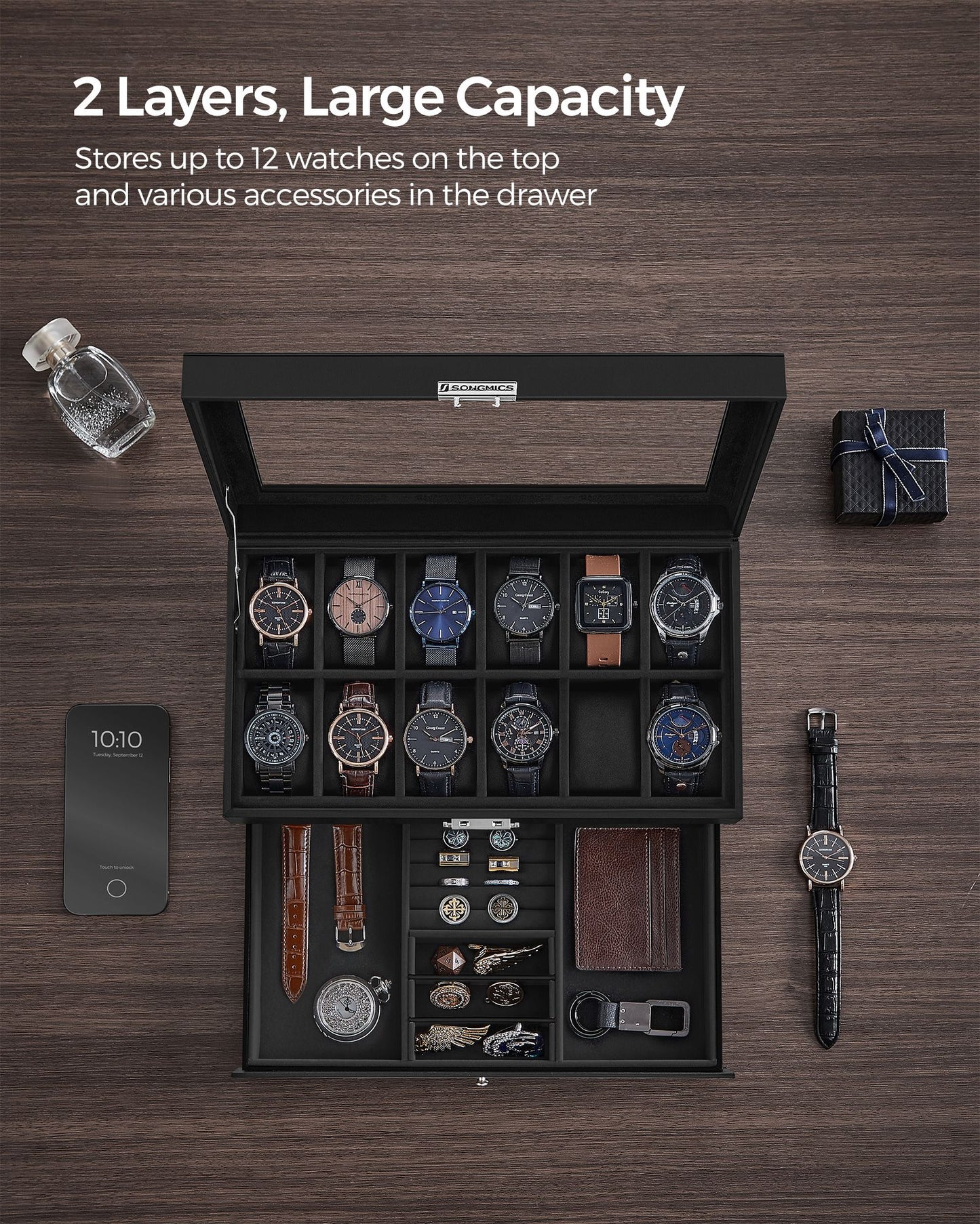 12-Slot Watch Case with Glass Lid