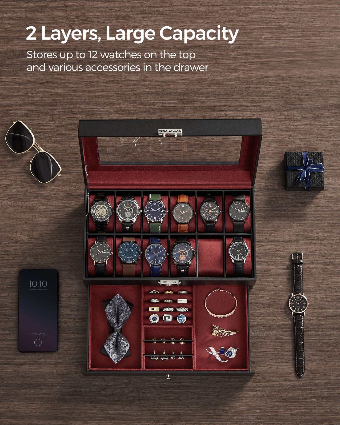 12-Slot Watch Box with Glass Lid