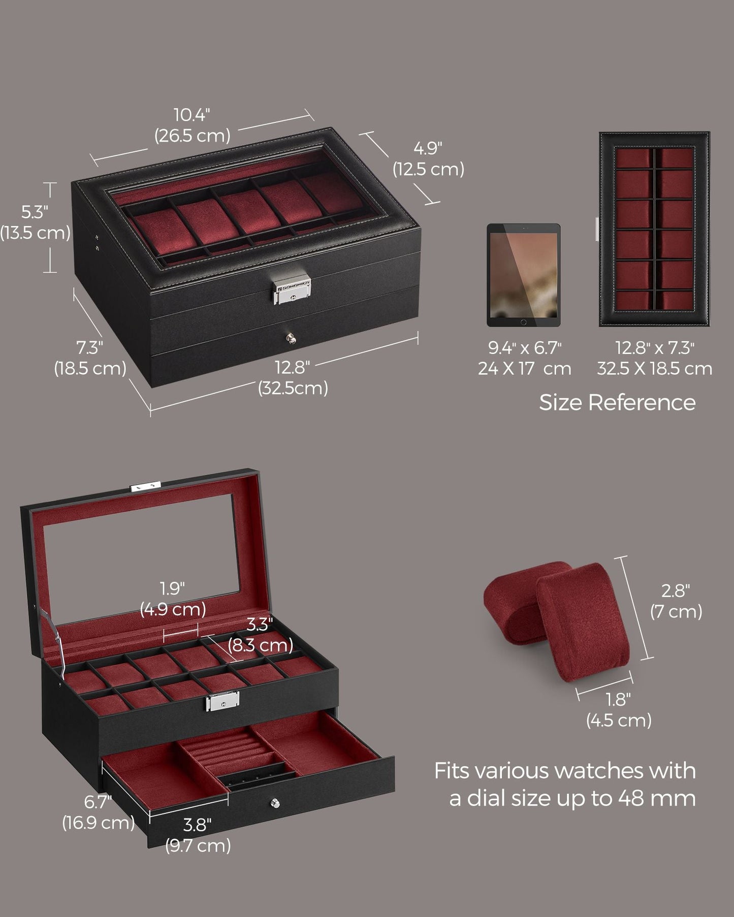 12-Slot Watch Box with Glass Lid