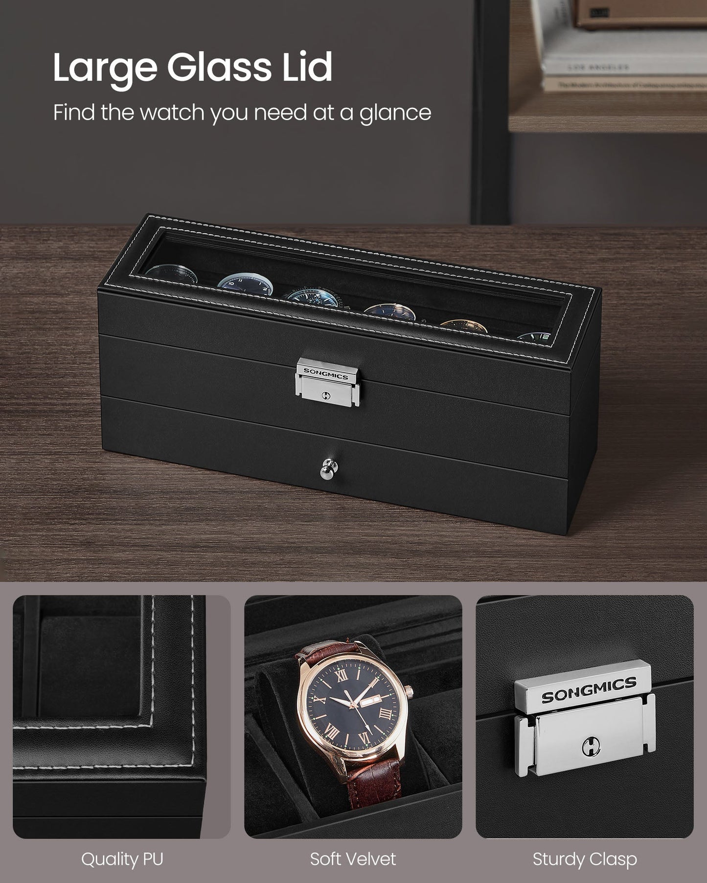 6-Slot Lockable Watch Case with Glass Lid