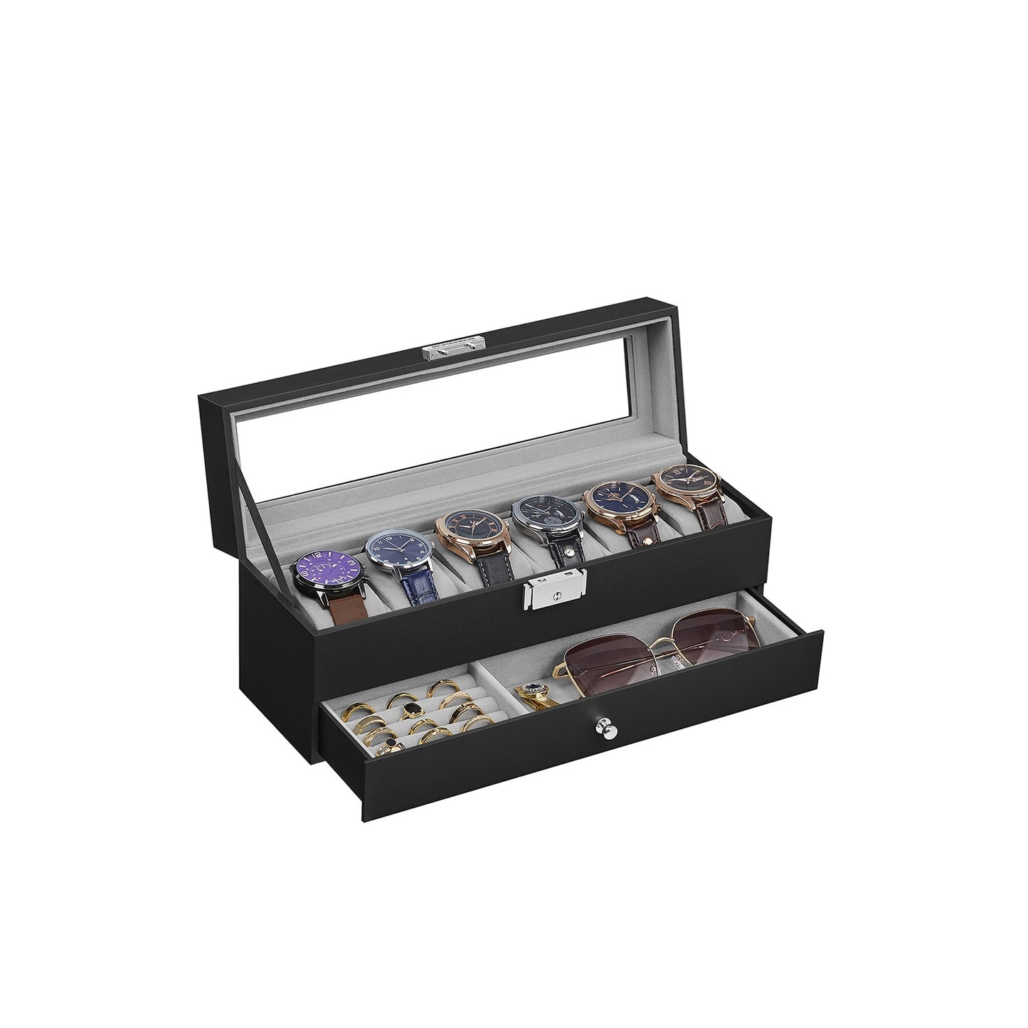 6-Slot Lockable Watch Case with Glass Lid