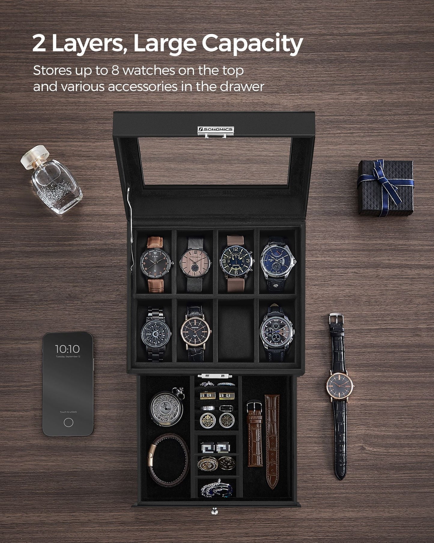 8-Slot Watch Box with Glass Lid
