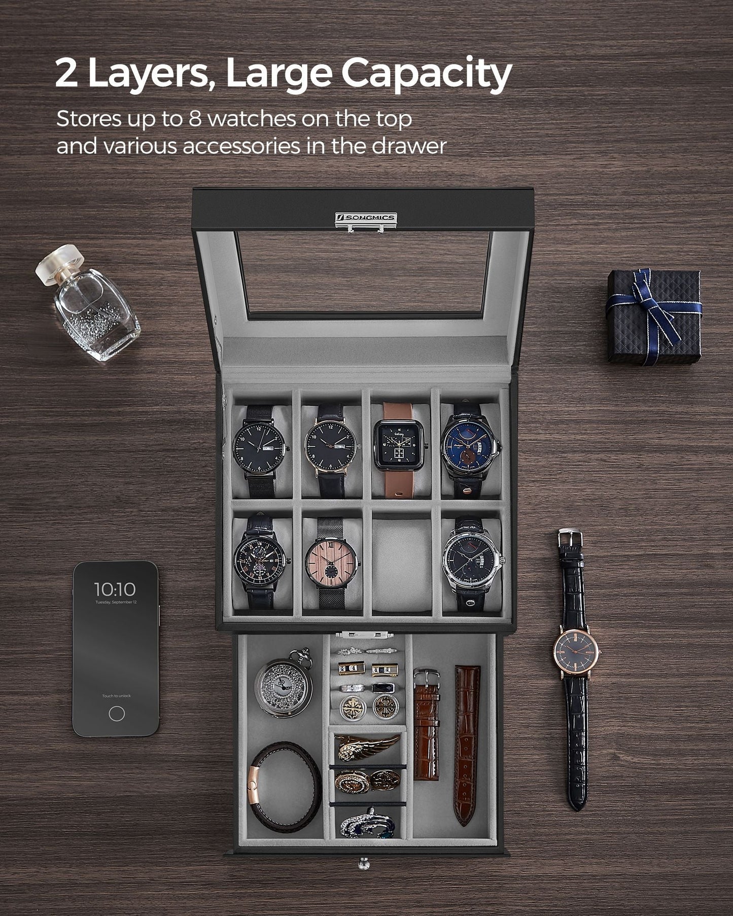 8-Slot Watch Box with Glass Lid