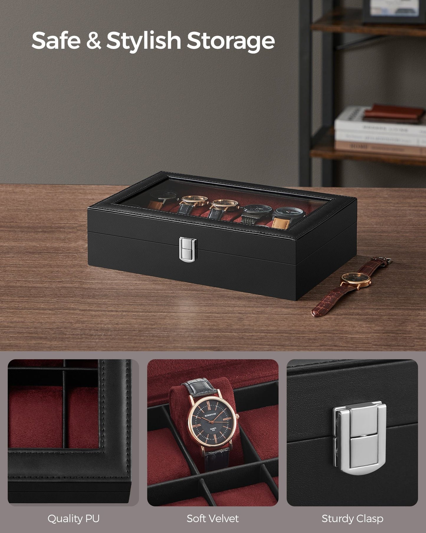 12-Slot Watch Case with Large Glass Lid