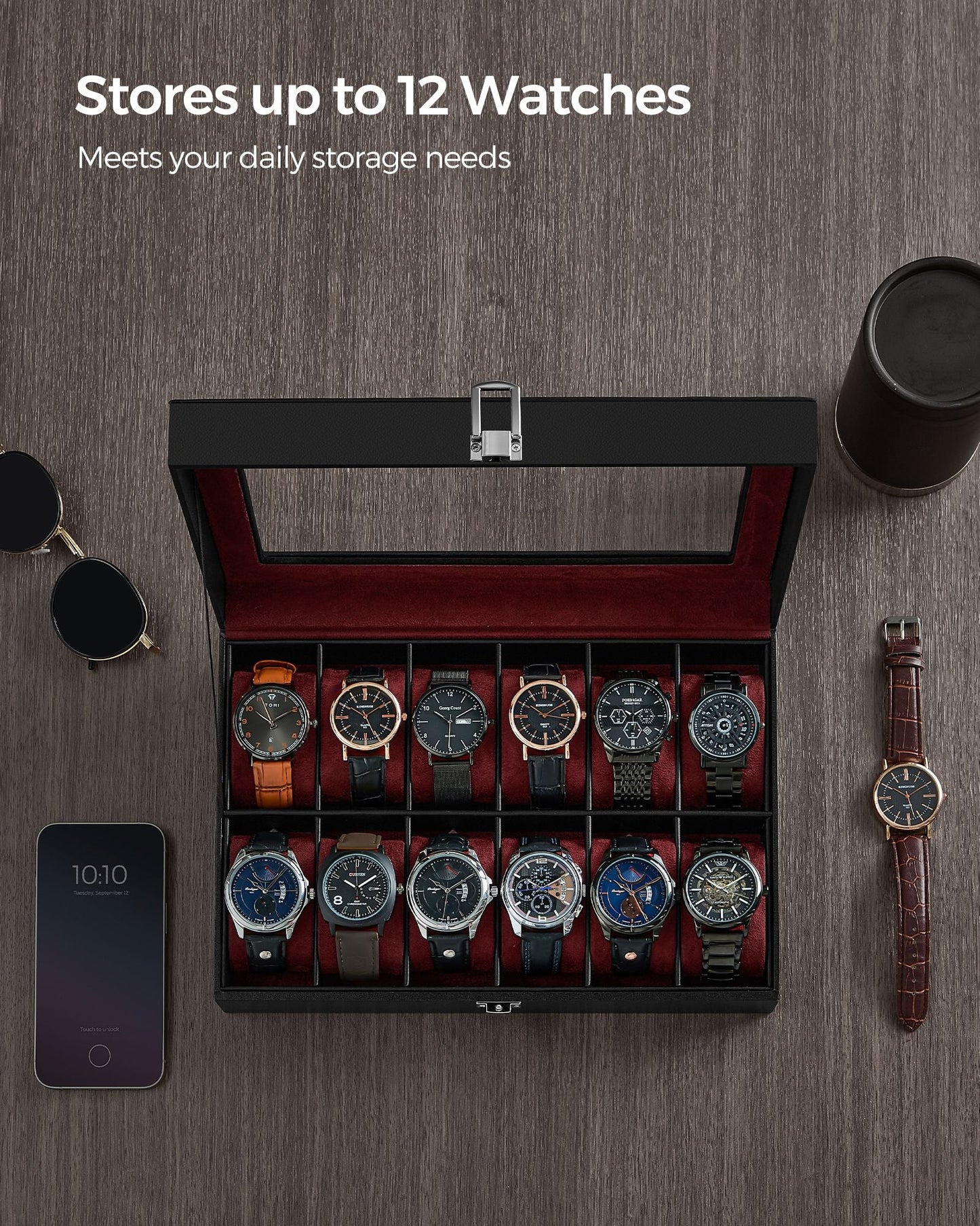12-Slot Watch Case with Large Glass Lid