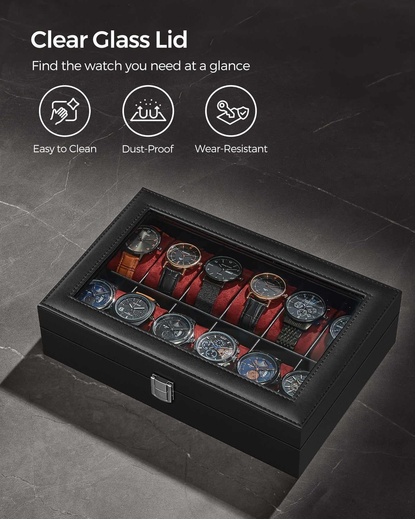 12-Slot Watch Case with Large Glass Lid