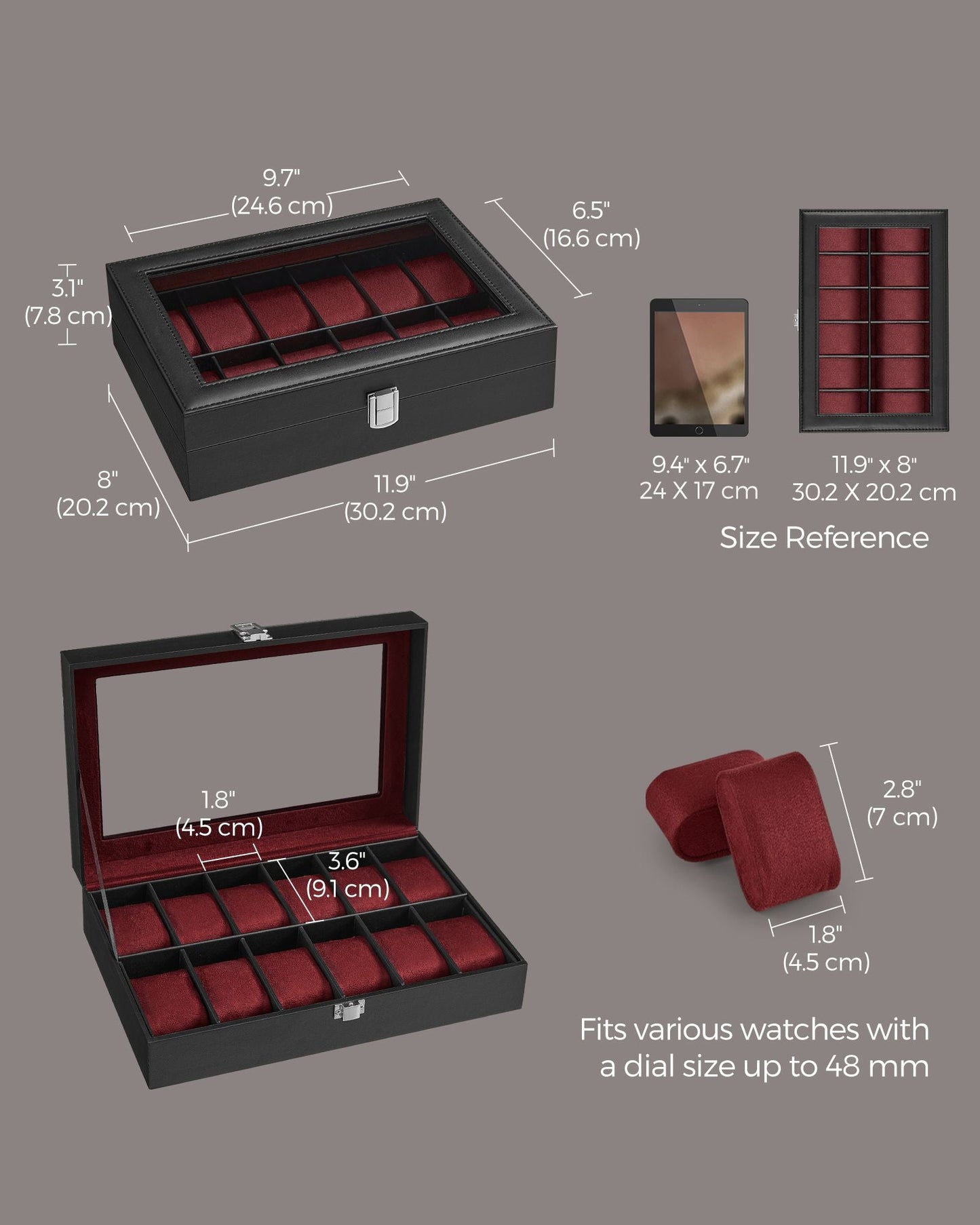 12-Slot Watch Case with Large Glass Lid