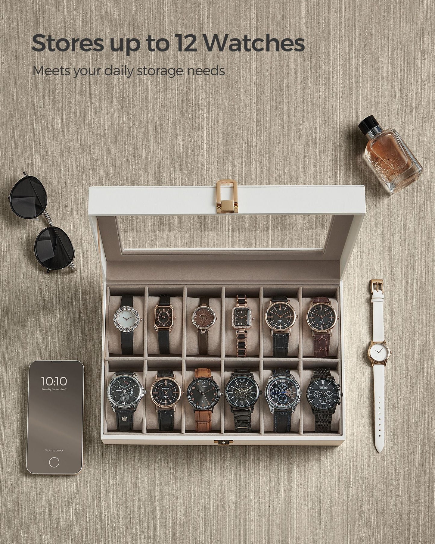 12-Slot Watch Case with Large Glass Lid