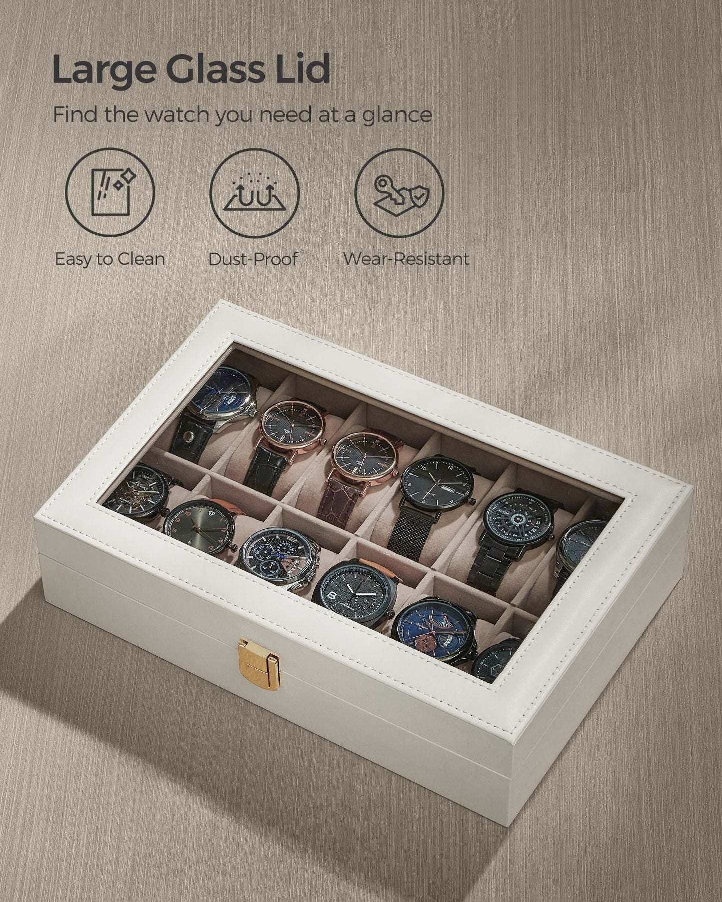 12-Slot Watch Case with Large Glass Lid