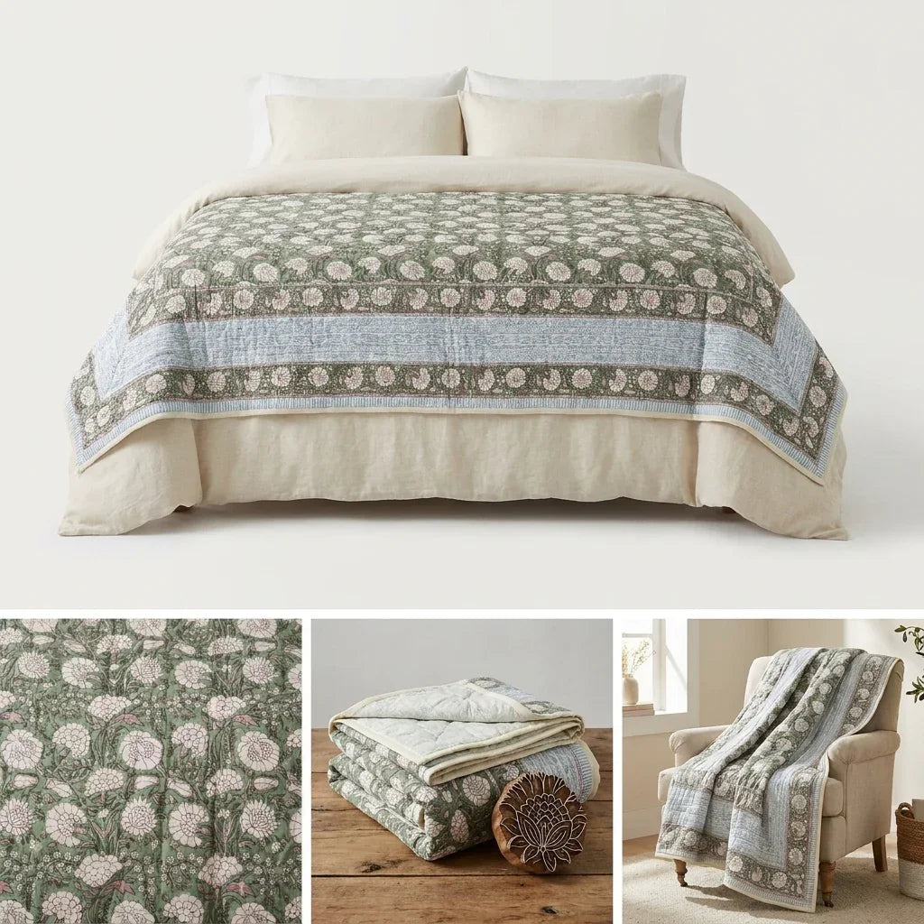 Forest Green Floral Jaipur Indian Hand Block Print Quilted Comforter