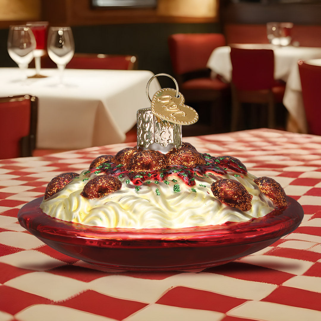 Spaghetti and Meatballs Ornament displayed on a table, featuring vibrant colors and detailed textures.