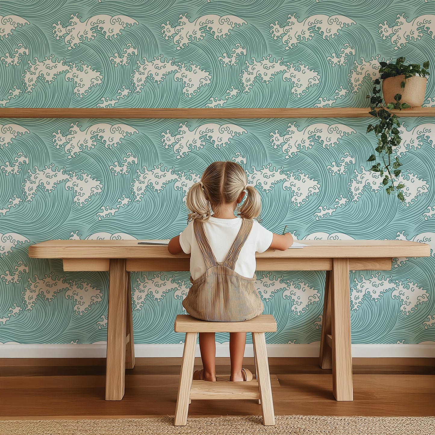 Coastal Japanese Wave Peel and Stick & Traditional Wallpaper
