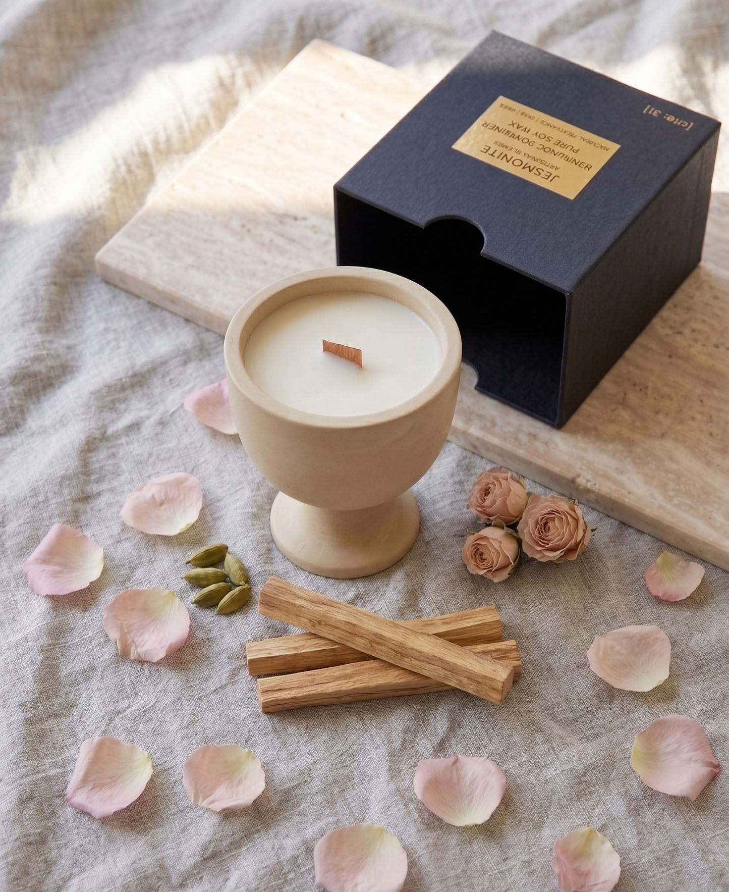 Jesmonite Pedestal Candle – Hand-Poured Soy Wax & Crackling Wood Wick