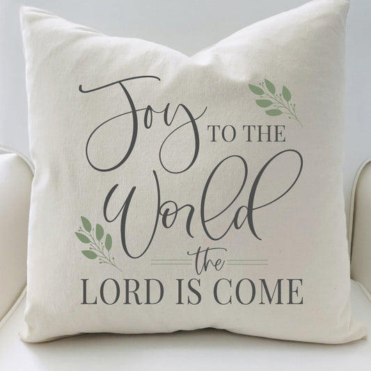 Joy to the World Christmas Pillow Cover 17x17 inch with elegant script and greenery accents.