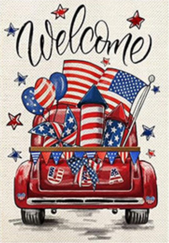 Welcome Garden Flags Truck Series of 12 featuring a red truck with patriotic decorations and a welcome message.