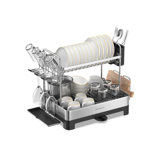 2 Tier Dish Rack for Kitchen Counter with Rotatable and Extendable Drain Spout