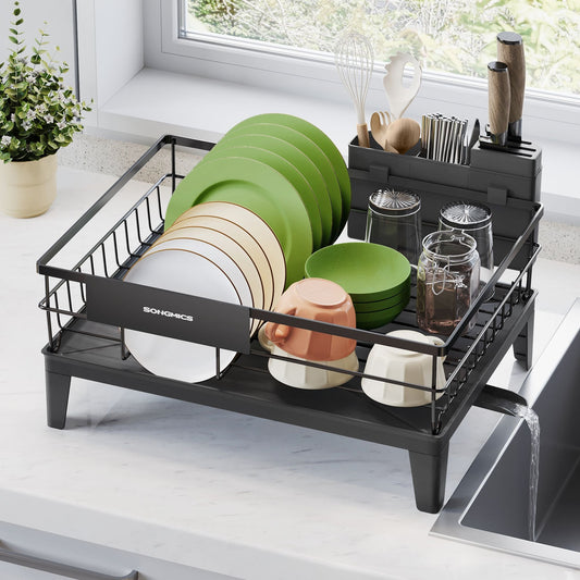 Dish Drying Rack, Kitchen Dish Rack, with Drainboard, 360° Rotatable and Extendable Spout