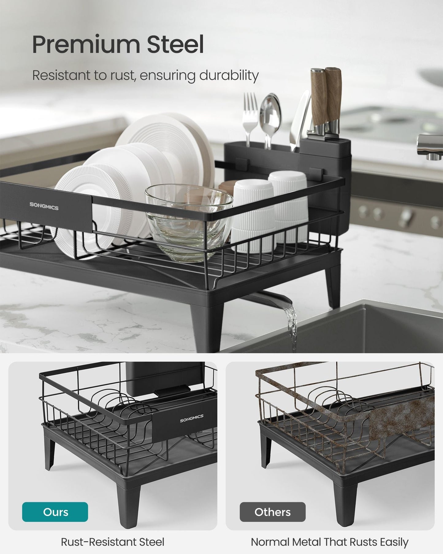 Dish Drying Rack, Kitchen Dish Rack, with Drainboard, 360° Rotatable and Extendable Spout