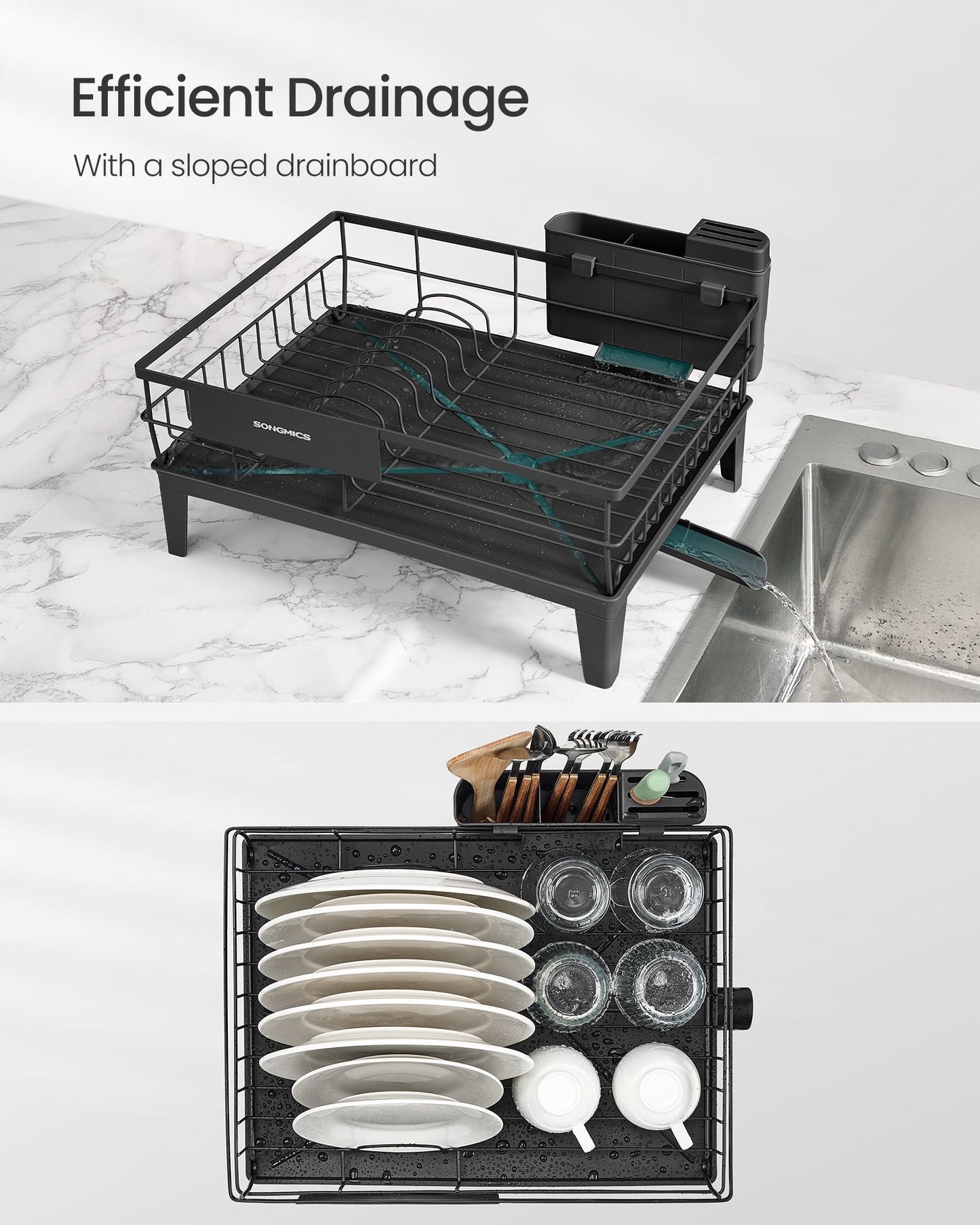 Dish Drying Rack, Kitchen Dish Rack, with Drainboard, 360° Rotatable and Extendable Spout