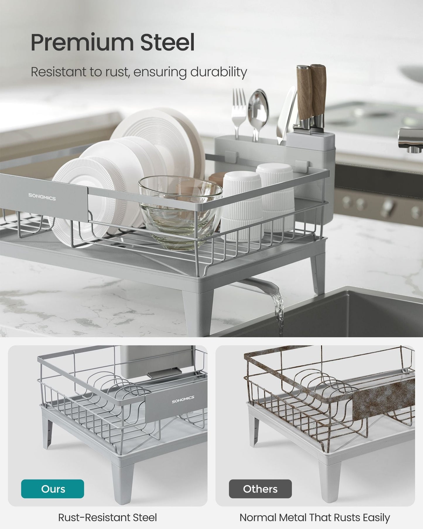 Dish Drying Rack, Kitchen Dish Rack, with Drainboard, 360° Rotatable and Extendable Spout
