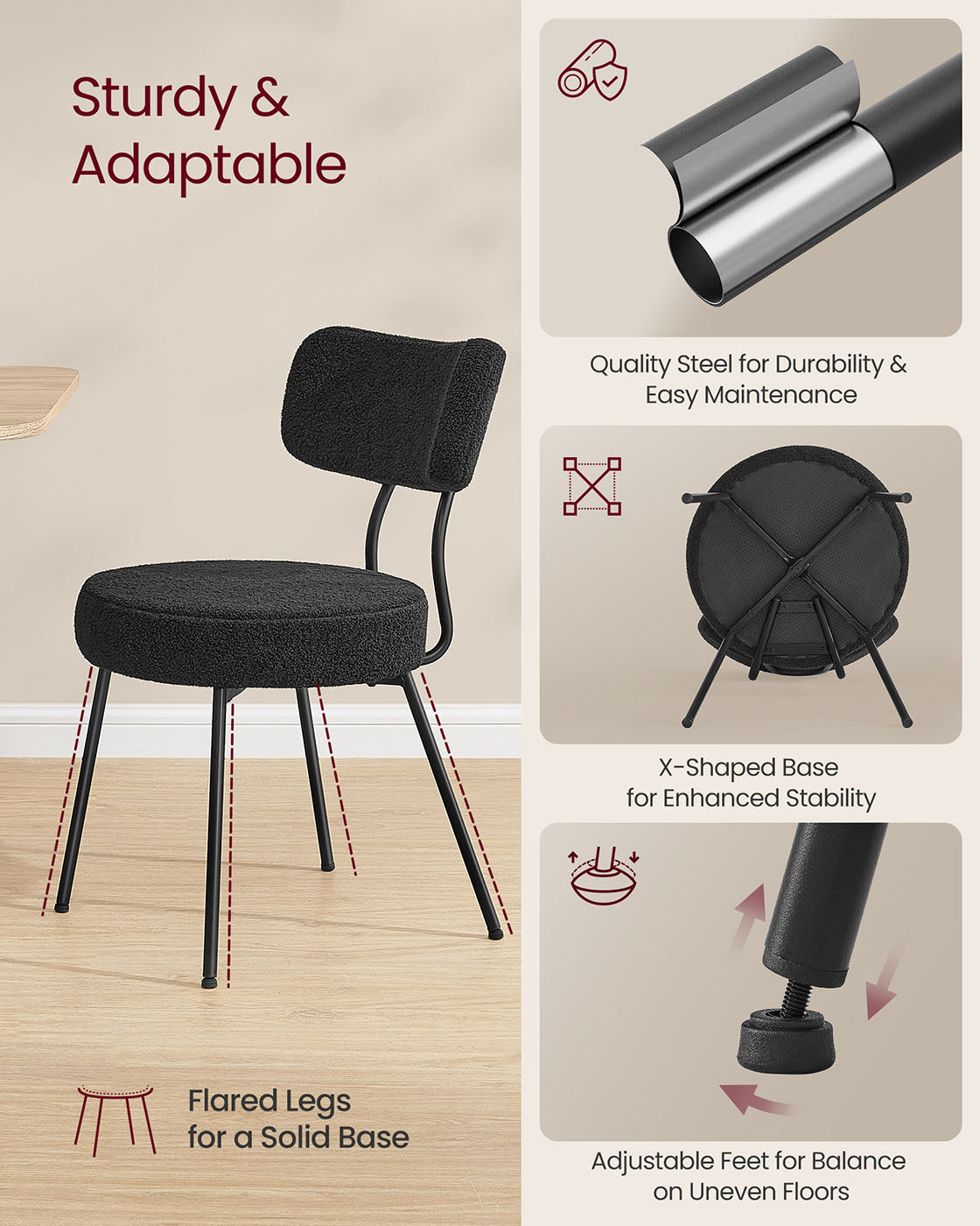 Dining Chairs Set of 2 Teddy Fleece Curved Backrest Steel Frame