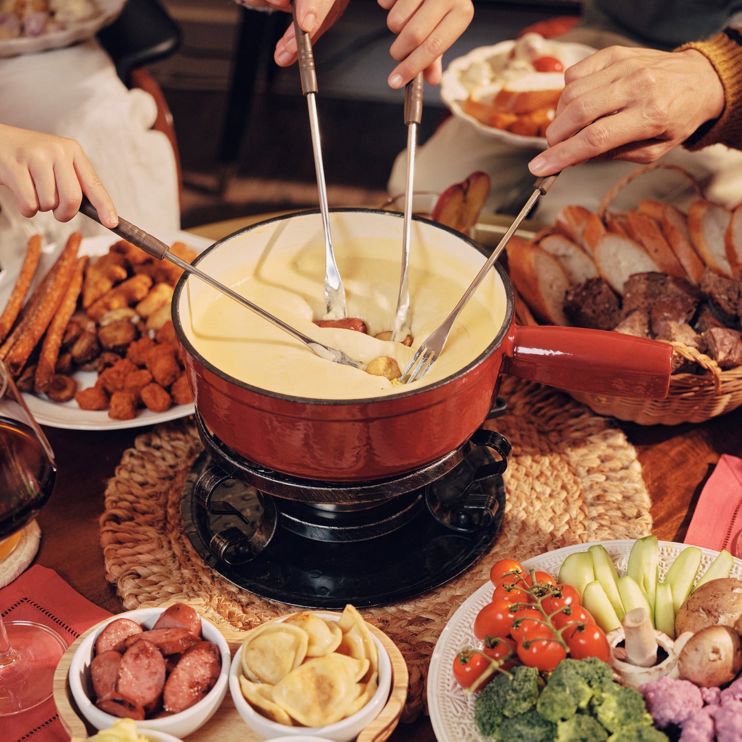 Lugano Cherry Red Cast Iron Cheese Fondue Set