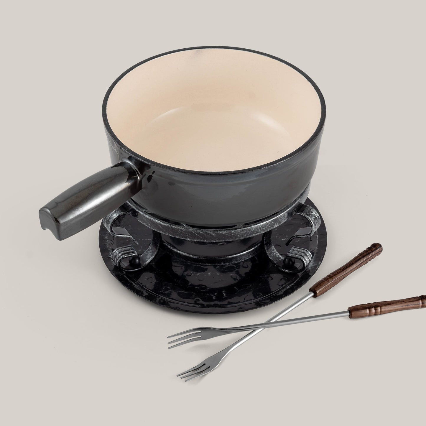 Lugano Metallic Black Cast Iron Cheese Fondue Set