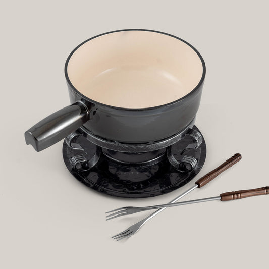 Lugano Metallic Black Cast Iron Cheese Fondue Set