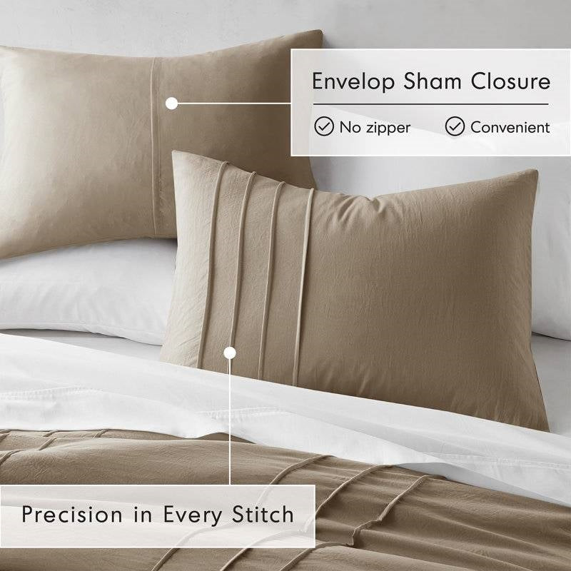 Queen Microfiber Pleated Soft Lightweight Comforter Set Tan with envelope sham closure and precision stitching.