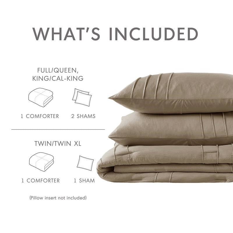 What's included in the Queen Microfiber Pleated Soft Lightweight Comforter Set Tan, showcasing comforter and shams.