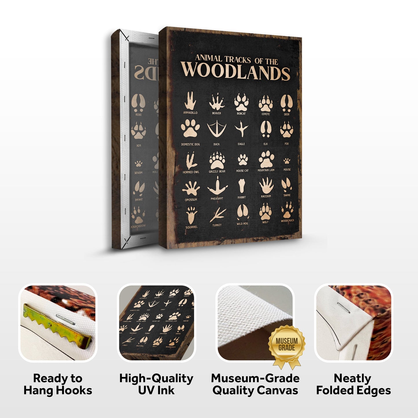 Packaging of 'Animal Tracks of the Woodlands' with features highlighted on a white background