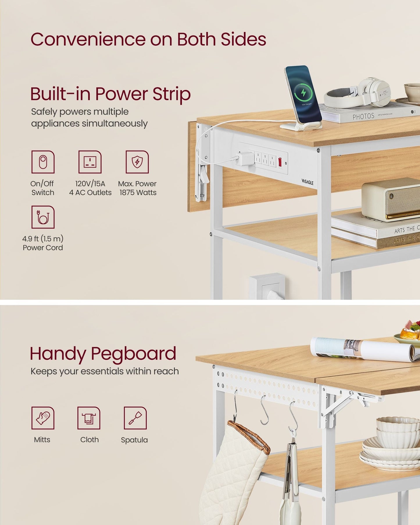 Kitchen Island with Drop Leaf, 47.2" Width Rolling Kitchen Cart with Power Strip, Extendable Worktop