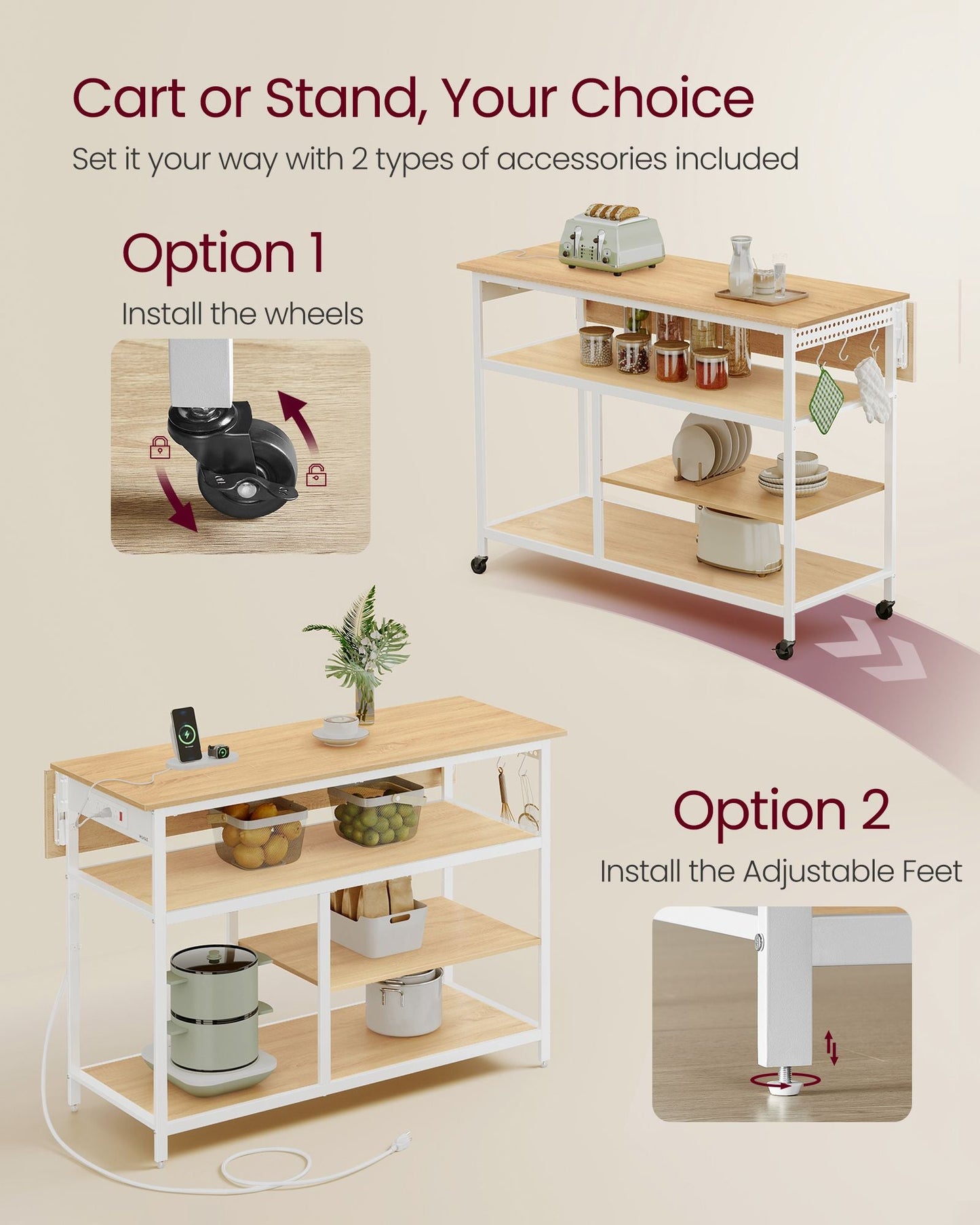 Kitchen Island with Drop Leaf, 47.2" Width Rolling Kitchen Cart with Power Strip, Extendable Worktop