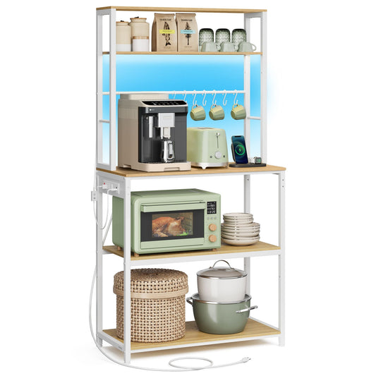 Coffee Bar with LED Lights Power Outlet Golden Oak and Matte White