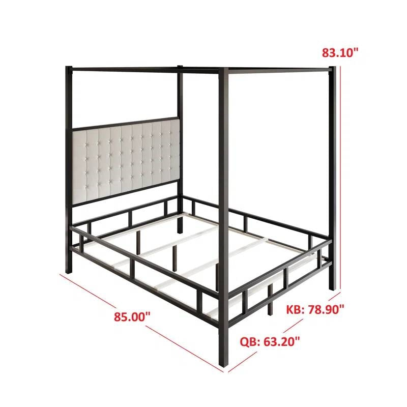 King size Black Metal Canopy Bed with Upholstered Button-Tufted Headboard