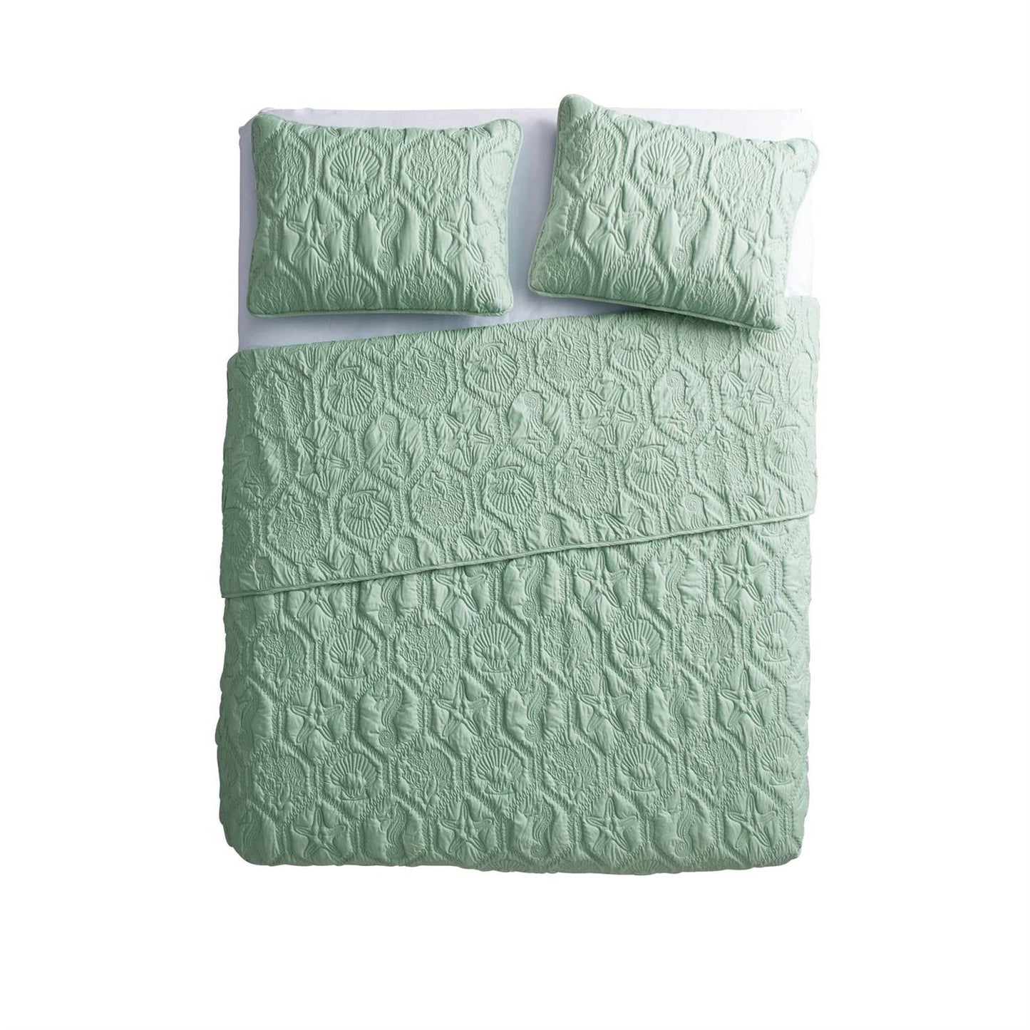 Green textured bedding set with a duvet and two pillows on a white background