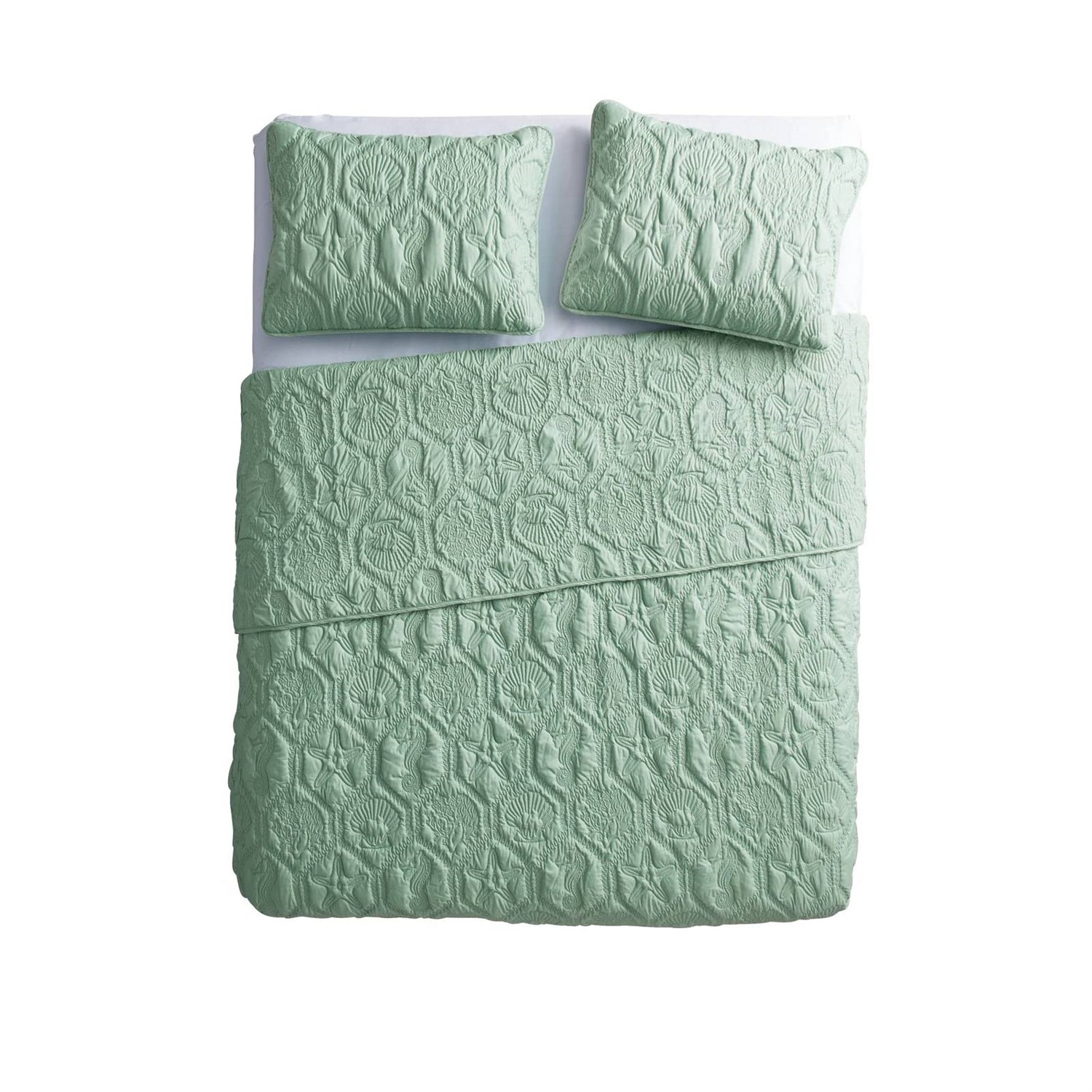 Green textured bedding set with a duvet and two pillows on a white background