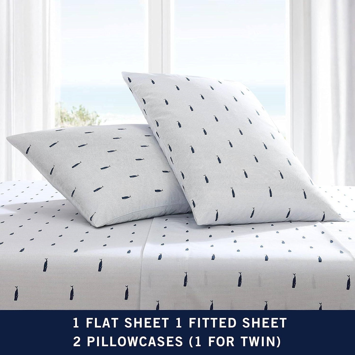 King size Coastal Beach 100-Percent Cotton Navy Blue White Stripe Sheet Set
